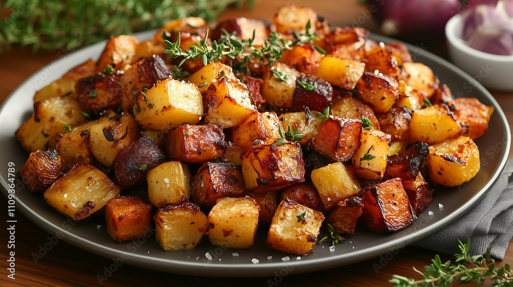 A flavorful medley of roasted root vegetables, caramelized to golden perfection and seasoned with fresh thyme and a touch of sea salt. A wholesome and hearty side dish perfect for any meal. A flavorful medley of roasted root vegetables, caramelized to golden perfection and seasoned with fresh thyme and a touch of sea salt. A wholesome and hearty side dish perfect for any meal.