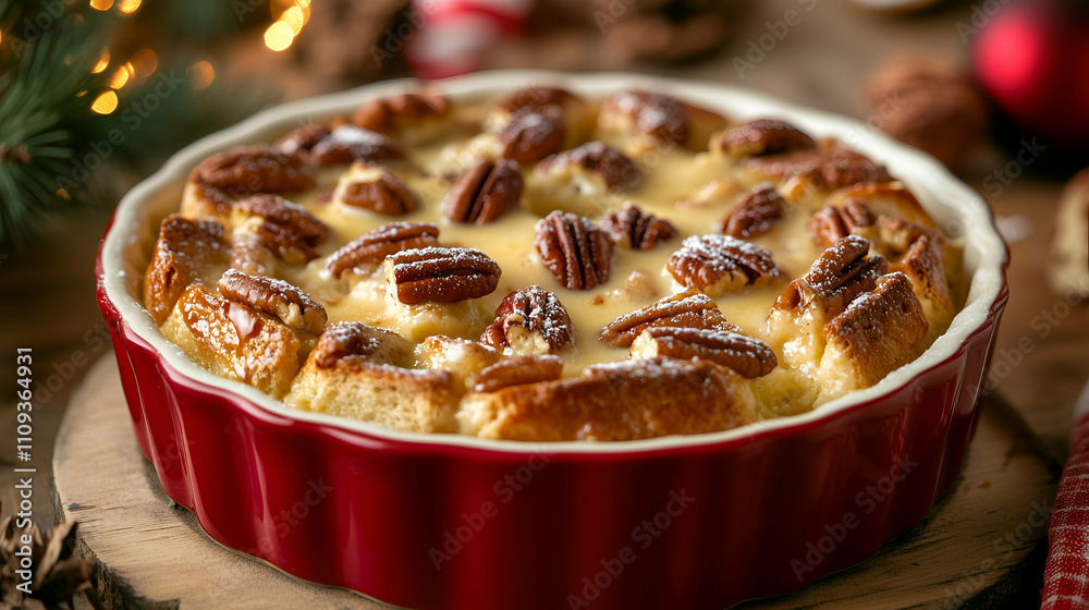 A rich and golden bread pudding topped with toasted pecans and a creamy custard sauce. Baked to perfection in a festive red dish, this dessert is ideal for holiday gatherings and cozy evenings. A rich and golden bread pudding topped with toasted pecans and a creamy custard sauce. Baked to perfection in a festive red dish, this dessert is ideal for holiday gatherings and cozy evenings.
