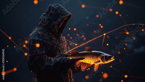 A Fisherman Holding a Fish in Digital Art Style with a Dark Background photo