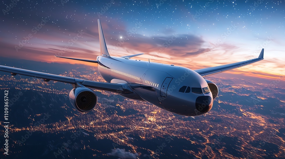 Fototapeta premium A commercial airplane flying over a cityscape at sunset, showcasing stunning vibrant skies and urban lights below.