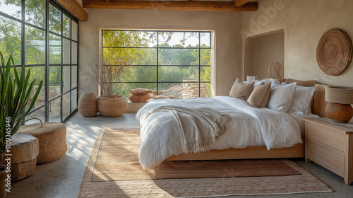 Cozy bedroom with natural light, minimalist design, and sustainable decor in a serene setting