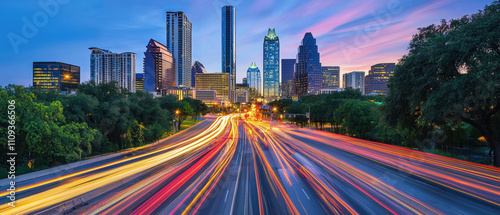 vibrant downtown skyline at dusk, showcasing illuminated buildings and light trails from moving vehicles. scene captures energy and beauty of urban life