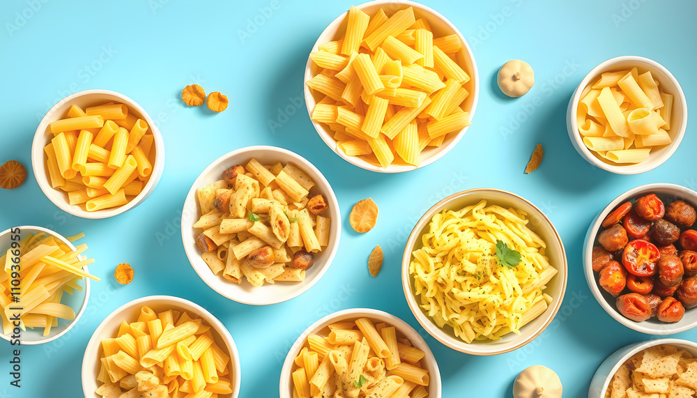 Bowls with different tasty uncooked pasta on blue background with a white accent, png Bowls with different tasty uncooked pasta on blue background with a white accent, png