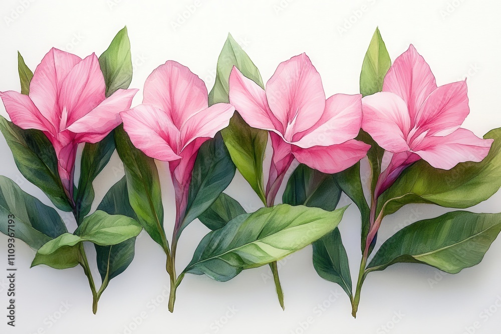 A vibrant illustration of pink flowers with green leaves, showcasing botanical beauty. A vibrant illustration of pink flowers with green leaves, showcasing botanical beauty.