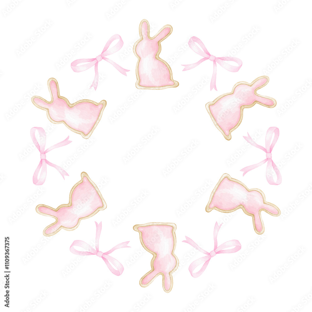 bow, gingerbread bunny. Watercolor round frame template on white background in pastel colors. Cute illustration for textile and wrapping paper for Easter day bow, gingerbread bunny. Watercolor round frame template on white background in pastel colors. Cute illustration for textile and wrapping paper for Easter day