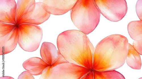 Seamless pattern of vibrant orange and pink watercolor plumeria flowers on a clean white background perfect for fabric design and wallpaper