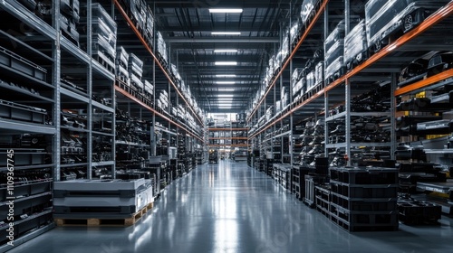 Intricate Shelving Systems in an Expansive Automotive Parts Warehouse: Dramatic Side-Lighting Showcasing Precision Mechanical Components and Heavy-Duty Industrial Racking.