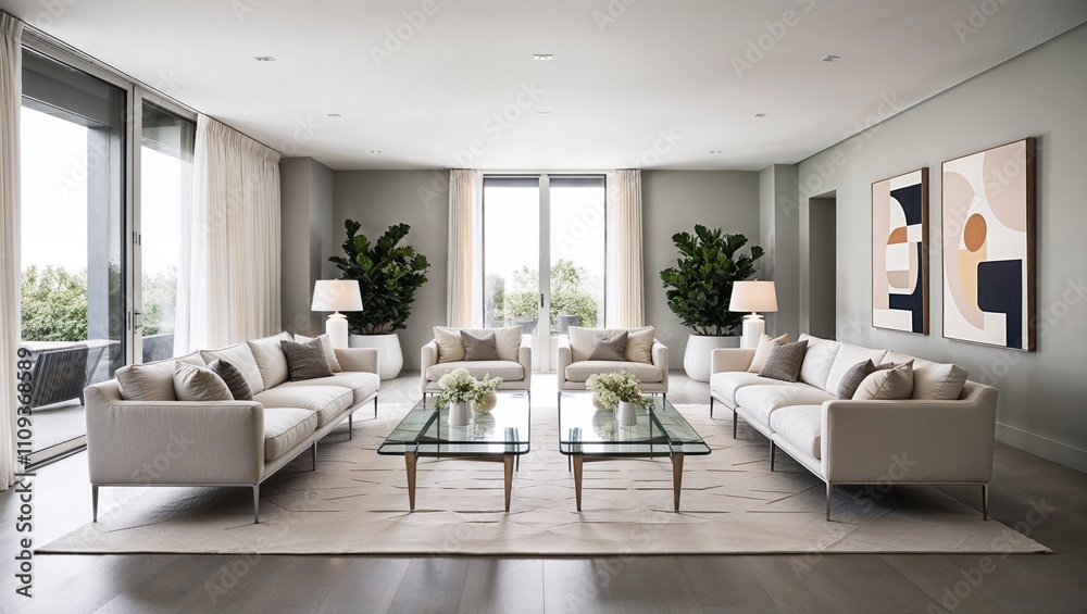 Fototapeta premium Bright living area featuring glass tables and green indoor plants.