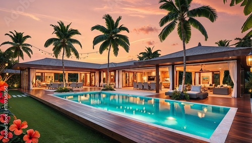 An elegant villa with a pool, showcasing a peaceful tropical escape.