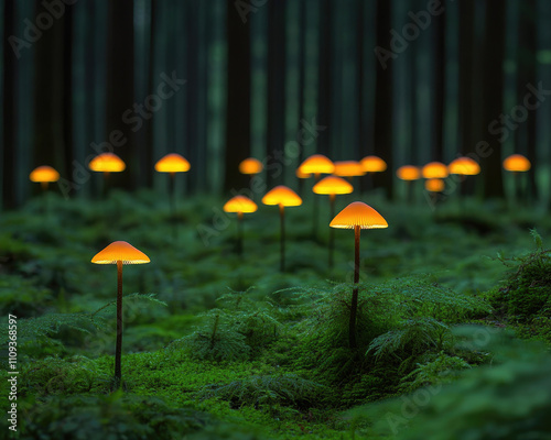 Wallpaper Mural A serene forest scene featuring glowing orange mushrooms amidst lush green moss, creating a magical and enchanting atmosphere. Torontodigital.ca