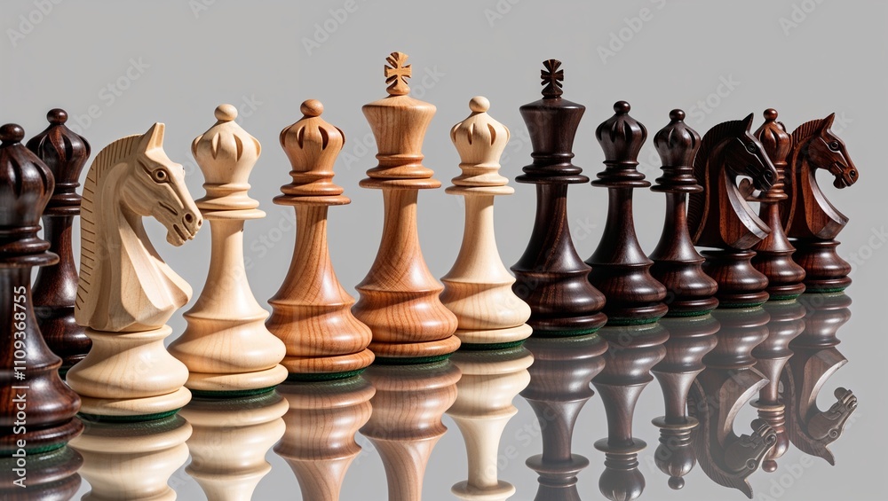 A striking display of intricately crafted wooden chess pieces stands. A striking display of intricately crafted wooden chess pieces stands.