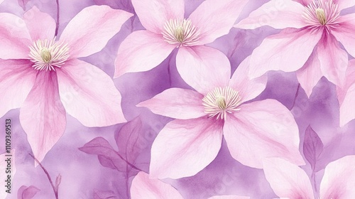 Seamless pattern of watercolor illustration featuring delicate pink clematis flowers on a soft violet background perfect for textile design wallpapers and crafts