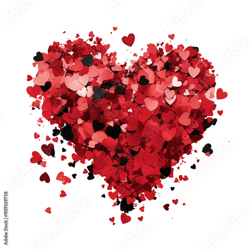 vibrant collection of red, pink, and black heart shaped confetti forms large heart on white background, symbolizing love and celebration