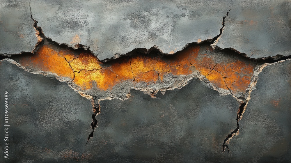 Cracked Concrete Wall with Fiery Orange Glow Exposing Inner Layers, Textures of Damage and Decay, Unique Abstract Background for Creative Projects