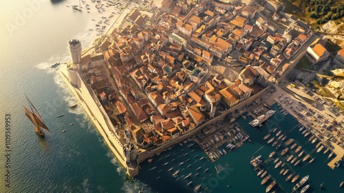 A Majestic Aerial View of Verdimonte, a Cosmopolitan Fantasy Port City, with Stone Streets, Diverse Architecture, Bustling Markets, and the Grand Seaside Palace of Elara Valarien photo