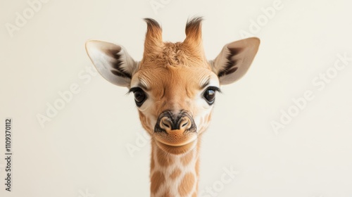 Adorable baby giraffe portrait against a light background.