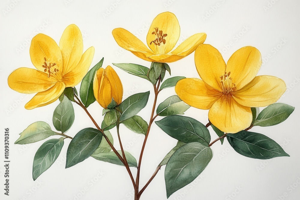 Obraz premium A vibrant illustration of yellow flowers and leaves, showcasing botanical beauty.