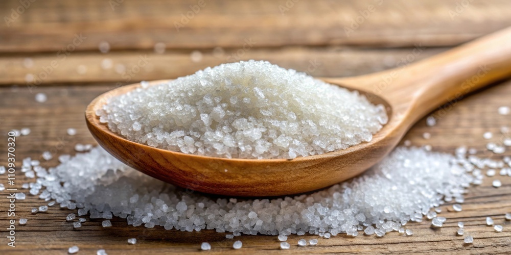 Close up of sugar crystals on a wooden spoon , sweet, white, ingredient, close-up, sweetener, unhealthy, grains, dessert Close up of sugar crystals on a wooden spoon , sweet, white, ingredient, close-up, sweetener, unhealthy, grains, dessert