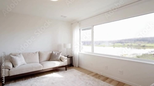 Retro, wooden cabinet and a painting in an empty living room with interior and copy space place for a white sofa.
