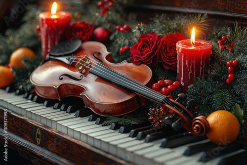 A festive scene with a violin on a decorated piano, surrounded by cheerful holiday decor