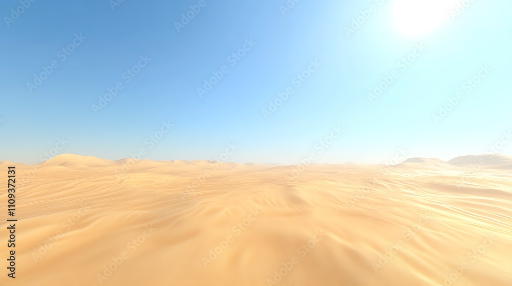Naklejka premium A vast desert landscape under a clear blue sky, showcasing undulating sand dunes.