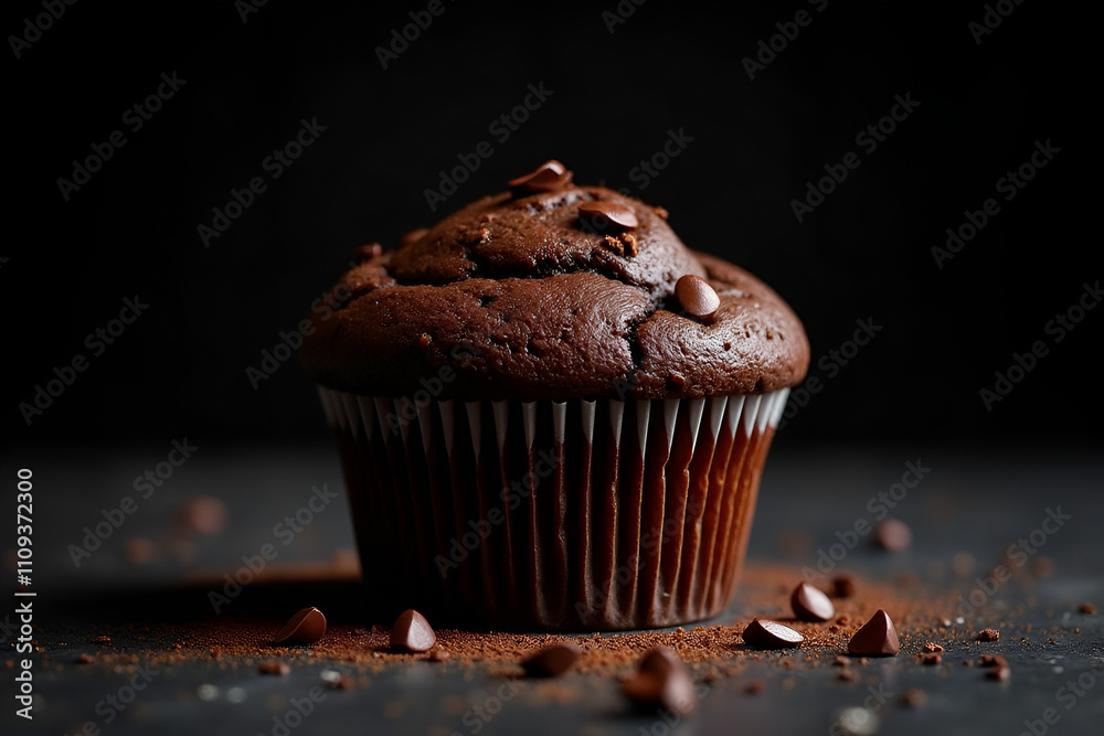 Meticulously shot image capturing a chocolate muffin against a dark backdrop, highlighting its texture and appeal Meticulously shot image capturing a chocolate muffin against a dark backdrop, highlighting its texture and appeal