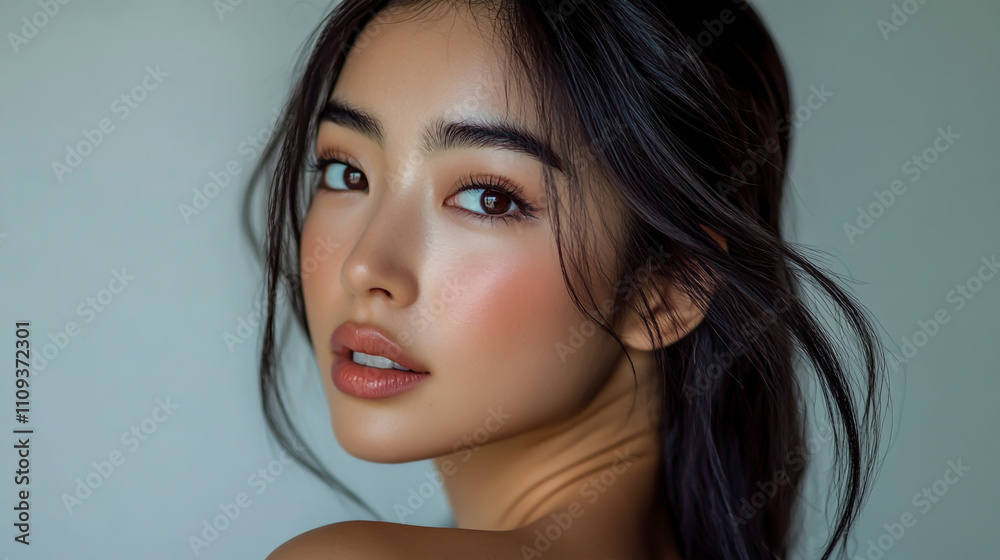 A close-up portrait of an elegant woman with a captivating expression, looking over her shoulder A close-up portrait of an elegant woman with a captivating expression, looking over her shoulder