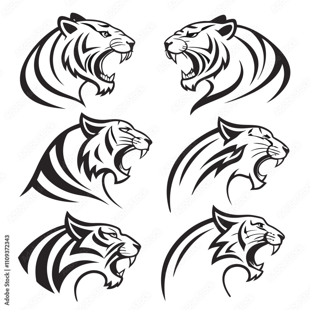 Obraz premium Tiger, Tiger Head Tattoo, Vector Tiger Illustration, Fierce Tiger Head Design, Powerful Tiger Artwork, Detailed Tiger Vector, Majestic Tiger Tattoo, Wild Tiger Head Art, Roaring Tiger Illustration.