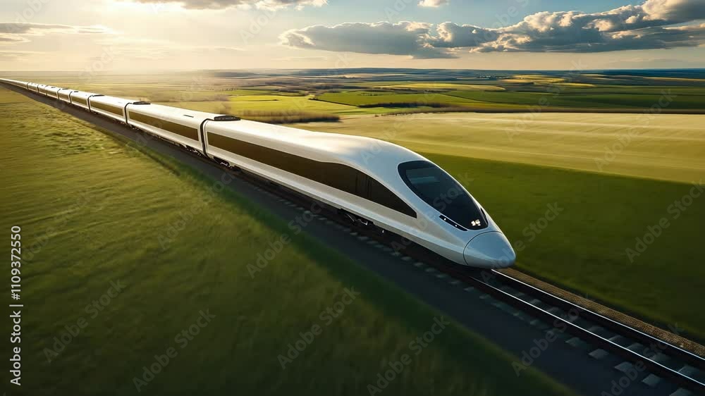 Modern High-Speed Train Across Green Fields
