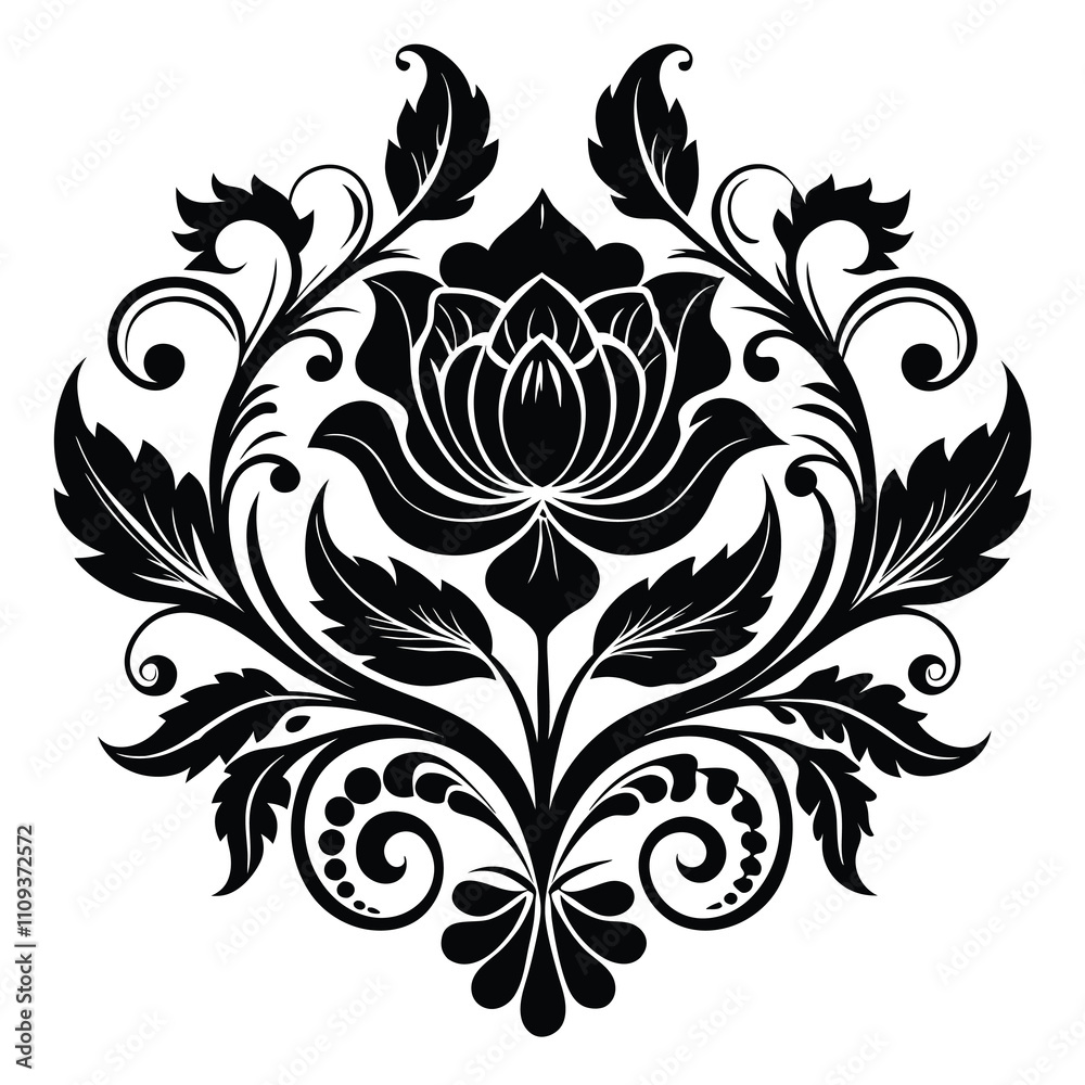 , scroll, black, decor, set, silhouette, tattoo, plant, nat