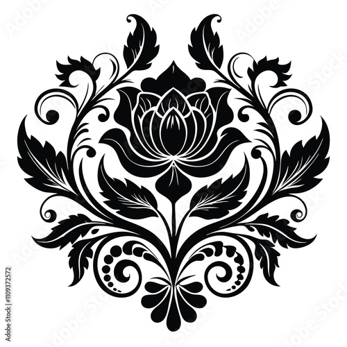 , scroll, black, decor, set, silhouette, tattoo, plant, nat