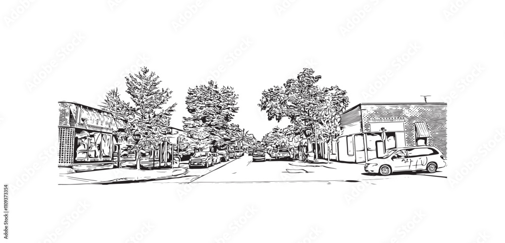 Print Building view with landmark of Vancouver is the city in USA. Hand drawn sketch illustration in vector.