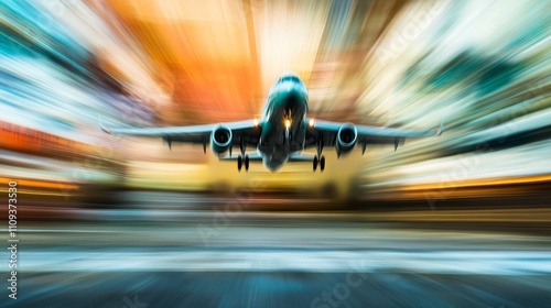 Airplane taking off or landing with motion blur effect.