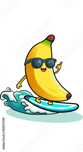 Vector cartoon banana playing surfing with style, cartoon banana surfing 