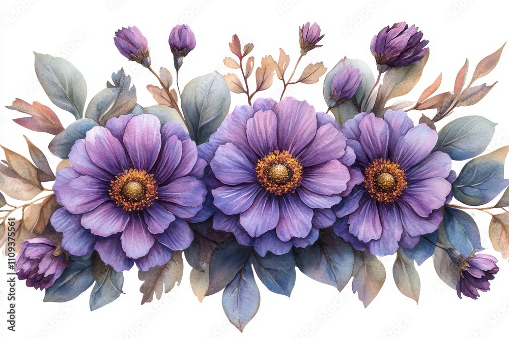 Obraz premium A vibrant watercolor illustration of purple flowers with leaves and buds.