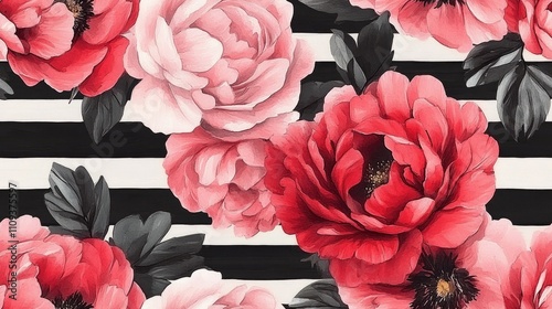 Fototapeta Naklejka Na Ścianę i Meble -  Seamless watercolor pattern featuring an array of rose and peony flowers with stripes perfect for fabric design and home decor