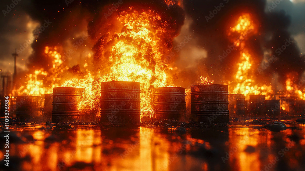 A black oil barrel engulfed in flames, highlighting environmental concerns and energy industry hazards A black oil barrel engulfed in flames, highlighting environmental concerns and energy industry hazards