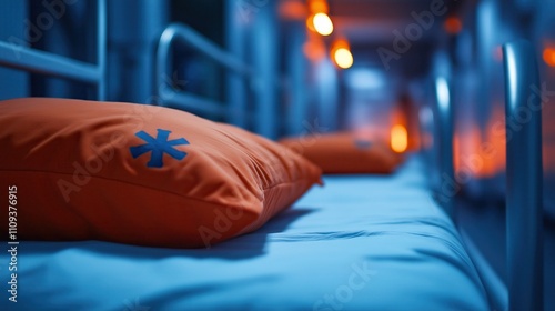 A cozy dormitory scene featuring vibrant orange pillows on beds, illuminated by soft blue lighting, creating a warm and inviting atmosphere. photo