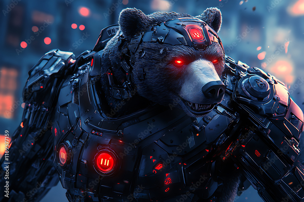 Fototapeta premium A robotic bear with glowing eyes, combining technology and wildlife in a futuristic setting.
