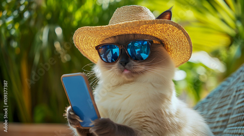 A playful cat wearing a stylish sun hat and sunglasses, casually using a mobile phone photo