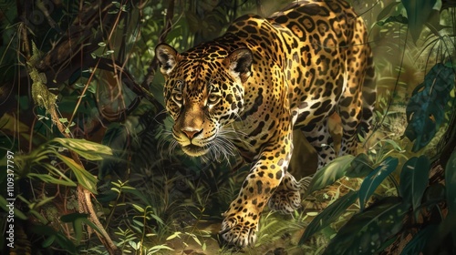 A majestic jaguar prowls through a lush, sunlit rainforest, surrounded by vibrant green foliage and dappled light, embodying stealth, strength, and the beauty of the wild jungle.