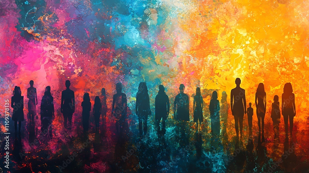 Vibrant abstract gathering of silhouettes urban landscape art Vibrant abstract gathering of silhouettes urban landscape art