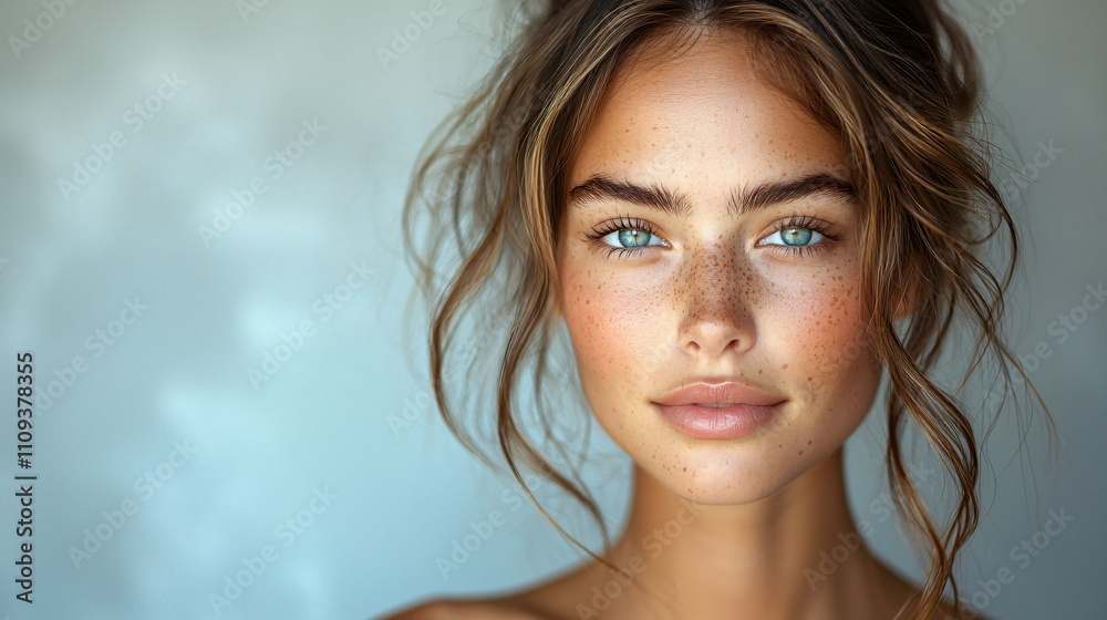 Obraz premium Elegant woman with soft beauty in a studio setting showcasing natural features and grace