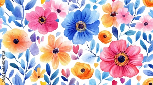 Fototapeta Naklejka Na Ścianę i Meble -  Colorful watercolor seamless pattern featuring a collage of flowers and leaves ideal for printed materials signage and packaging