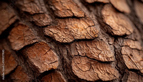 A detailed close-up of a textured tree bark, natural patterns and earthy tones in focus photo