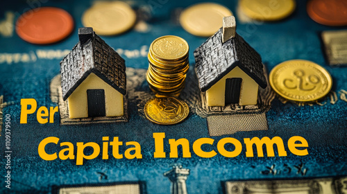 Per Capita Income Concept with Houses and Coins on Map Background photo