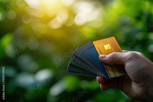 A hand holding multiple credit cards in a natural green setting. photo