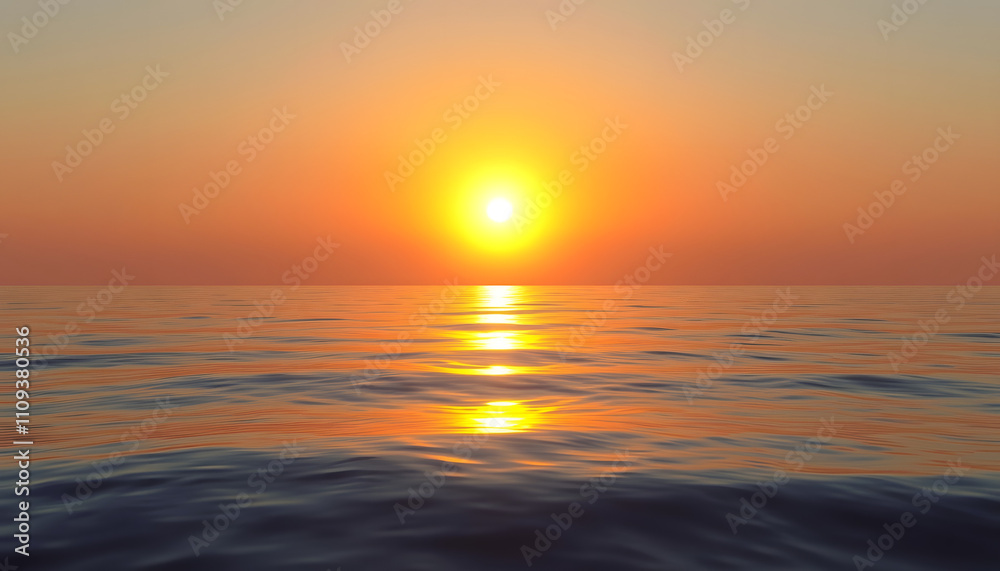 Obraz premium Digital rendering depicting a vibrant yellow sun setting over a tranquil ocean casting reflections on the water surface with a white accent, png