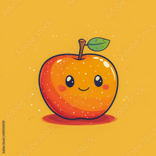 a vibrant, cheerful apple with an orange color and a cute kawaii-style face photo