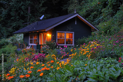 Cozy cabin nestled in a vibrant flower garden at dusk.